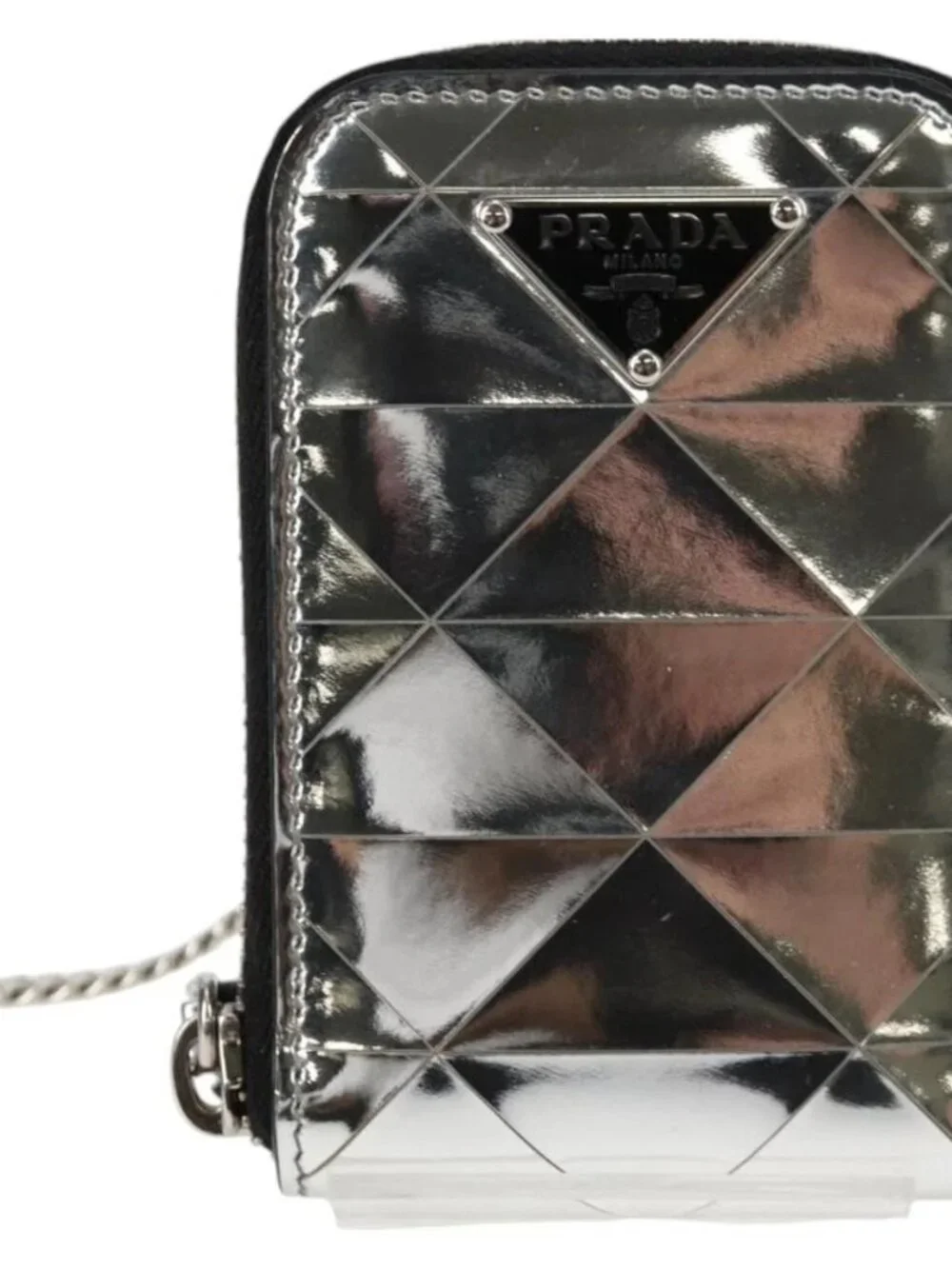 PRADA Necklace Strap Pouch Triangle Panel Silver Tone Auth 118871M